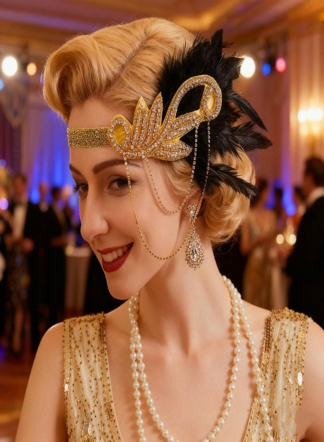 Tongcloud 1920s Flapper Feather Headband with Rhinestones Beaded Great Gatsby Headpiece for Women Showgirl Halloween Cosplay Party (Gold, Medium) - Image 4